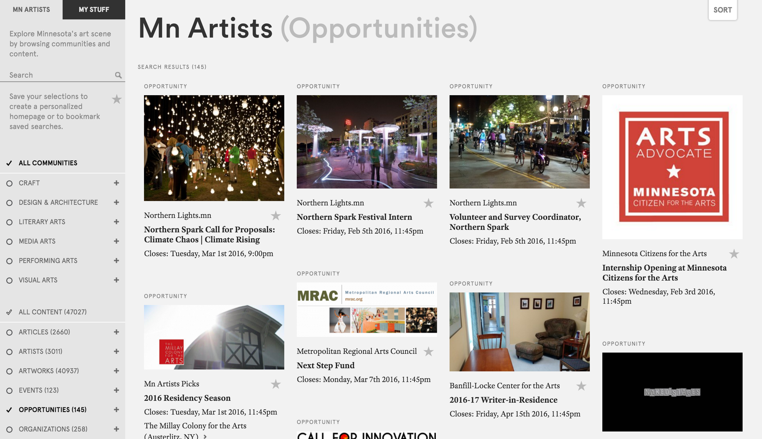 Figure 6: Mn Artists, content filtered by “Opportunities”