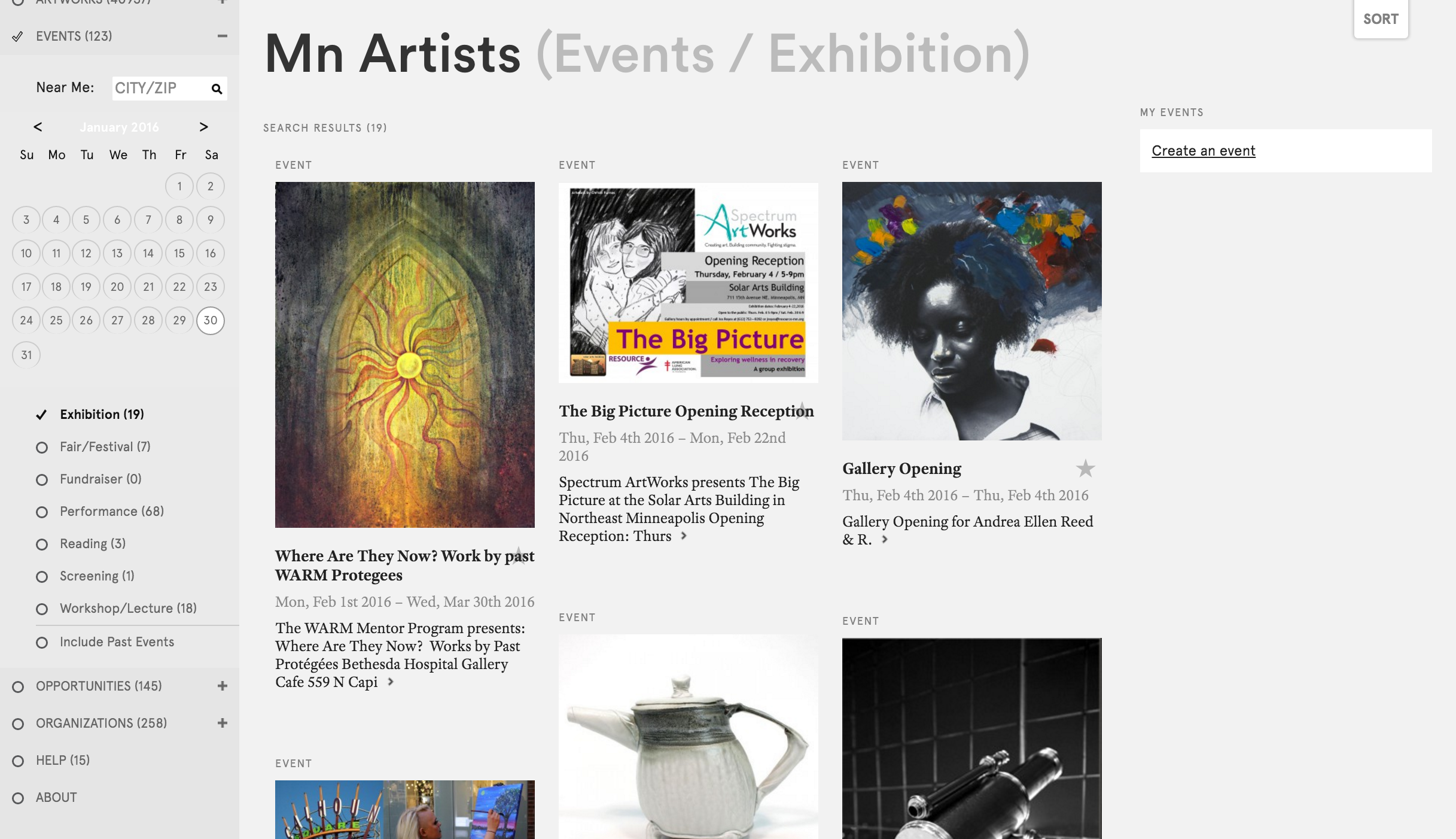 Figure 7: Mn Artists, content filtered by “Events” and “Exhibitions”