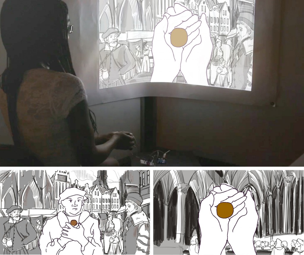 Figure 3. "Experiencing Spirituality" interaction (top) and projected animations (bottom)