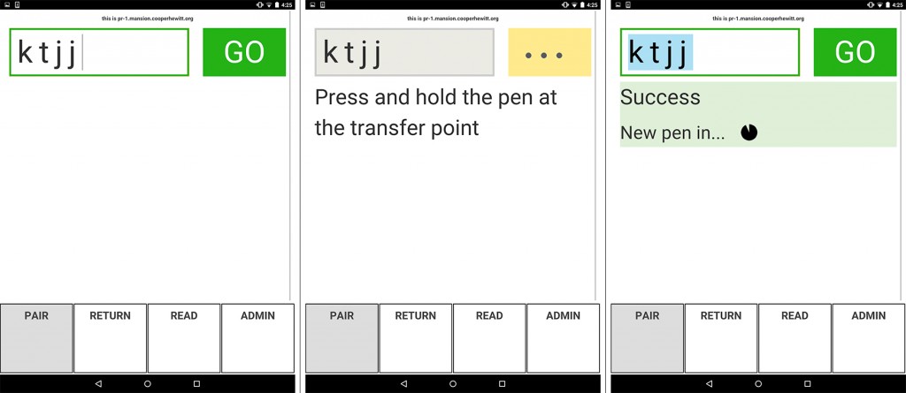 Figure 17: V2 interface during pen pairing: waiting to begin (left), waiting for pen press (middle), success (end)
