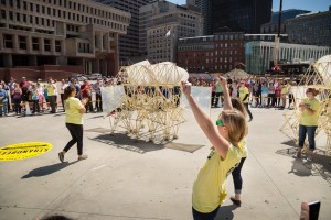 Strandbeest released on the grounds of Boston City Hall.